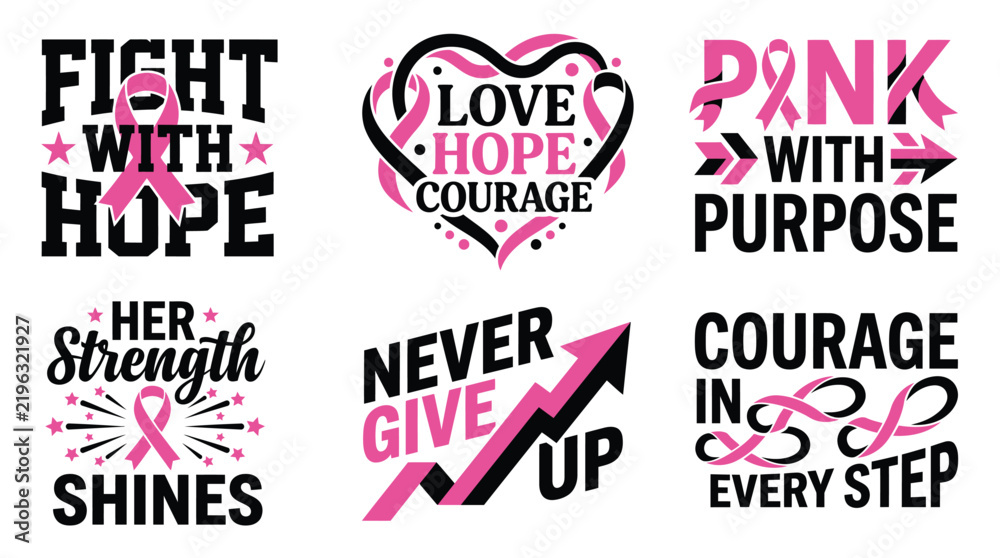 Fototapeta premium A collection of inspirational typography designs for a breast cancer awareness vector set featuring pink ribbons and motivational quotes for support