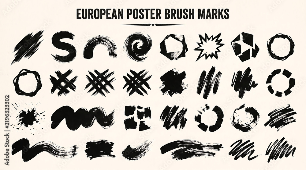 Fototapeta premium Versatile Collection of Monochrome European Brush Strokes and Grunge Texture Marks for Creative Design Projects