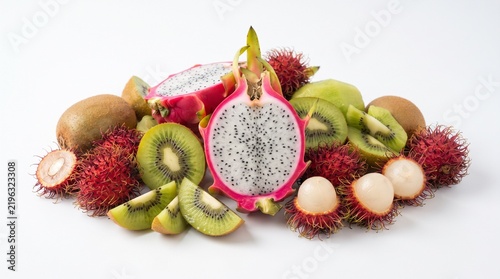 Exotic Fruit Medley: A vibrant assortment of dragon fruit, rambutan, and kiwi, showcasing a delightful array of textures and colors, promising a burst of tropical flavor.