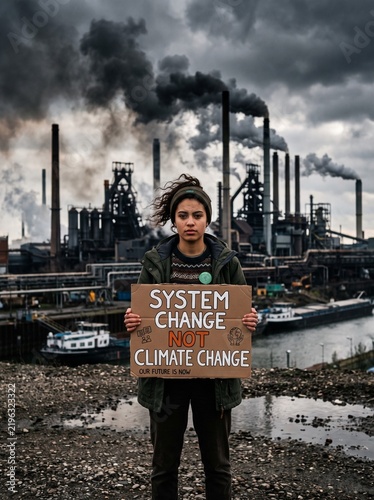 Young Climate Activist Holding Handmade Sign In Front Of Polluted Industrial Landscape

