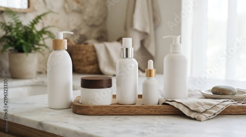 Skincare Serenity: A collection of elegant white skincare bottles and jars arranged on a rustic wooden tray, featuring natural elements like a stone and a plant.