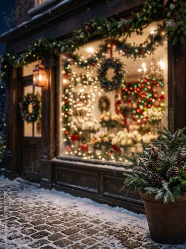 Charming christmas decorated flower shop exterior with bright festive lights and snowy cobblestone ground. with copy space or border frame for celebration commercial, festive lights, snow