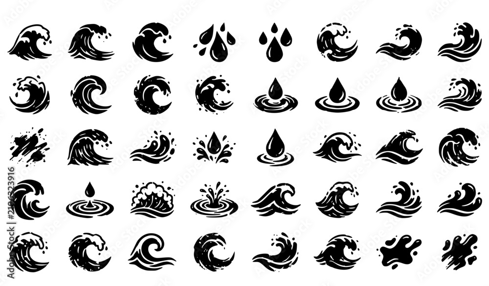 Obraz premium 36 Ocean Wave Water Drop Grunge Stencil Vector Icons