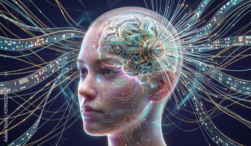Digital illustration of human head with glowing brain circuit and data streams.