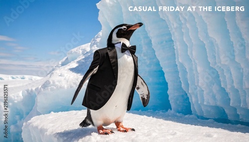 A penguin dressed in a tuxedo who is severely underdressed for a casual Friday at the iceberg.  
