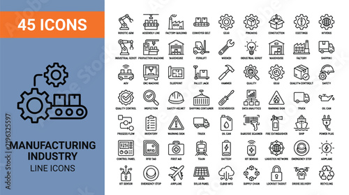Detailed set of manufacturing industry line icons for modern industrial design and digital business graphic projects