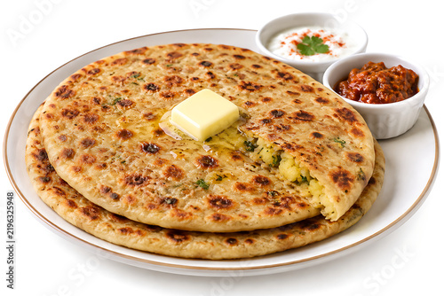 Aloo paratha with butter  stuffed Indian flatbread  isolated on white background 
