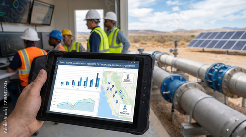 Engineer holding digital tablet showing smart water management dashboard screen at plant.