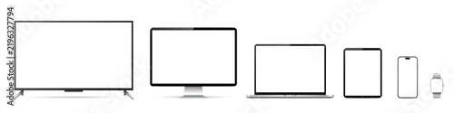 Realistic smart tv screen, computer monitor, laptop, tablet pc, mobile phone and smartwatch mockup