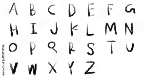 Hand drawn alphabet PNG set. Uppercase A-Z letters, black distressed characters. Rough sketchy grunge handwritten style. For education, graphic design, craft. Isolated transparent object.