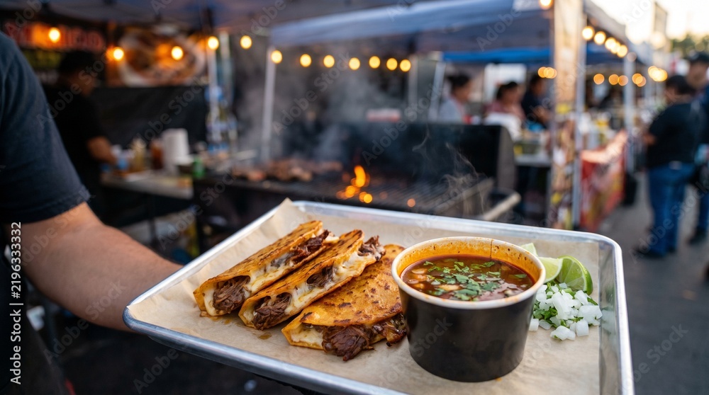 Obraz premium Birria tacos with steaming consomme at Mexican street food stall