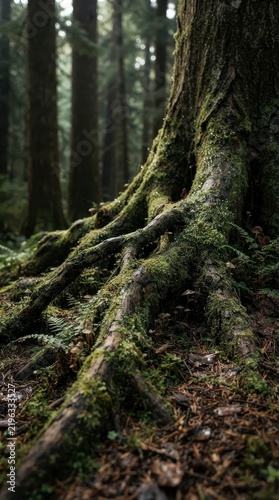 Mossy tree roots in an old-growth forest