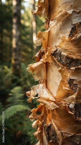 Close up of peeling birch bark in forest
