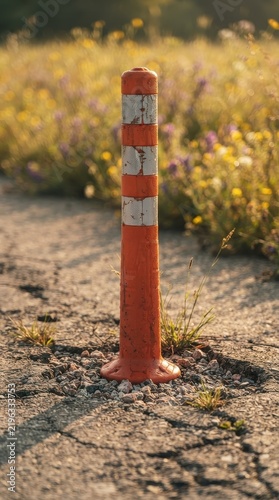 Orange and white traffic bollard on cracked asphalt