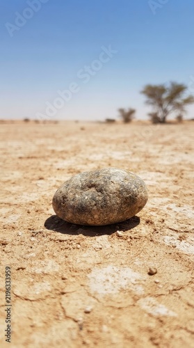 Stone on desert ground under blue sky