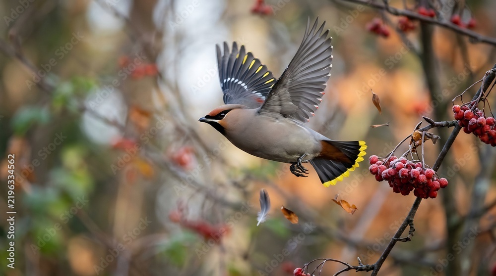 Fototapeta premium Small grey bird with yellow tail tips flying towards red berries in an autumn forest