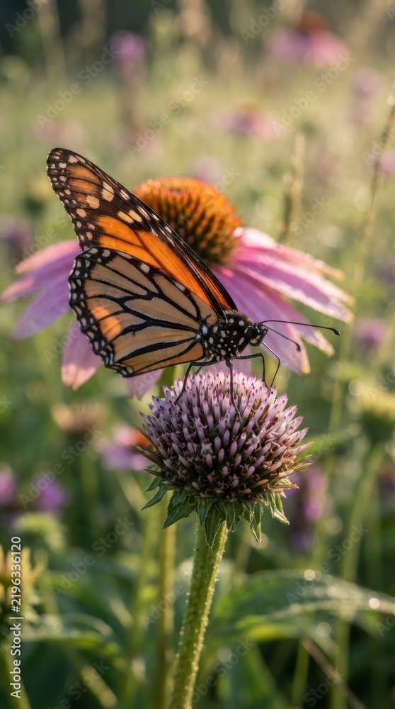 Obraz premium Monarch butterfly on pink coneflower in garden