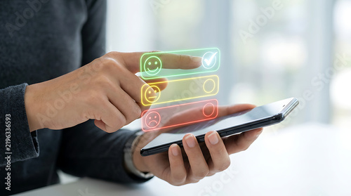 Person uses smartphone to select happy face on bright glowing survey interface for positive customer service evaluation.