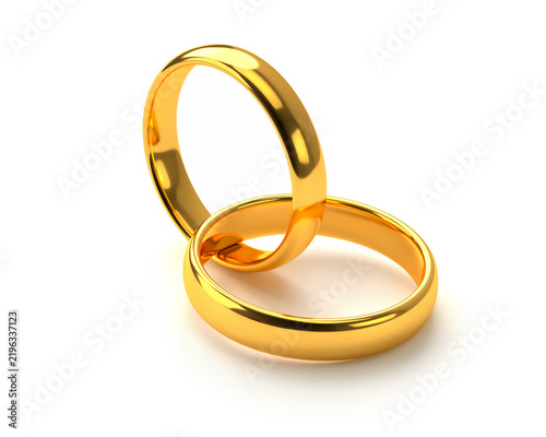 Connected golden wedding rings isolated on white as symbol of love