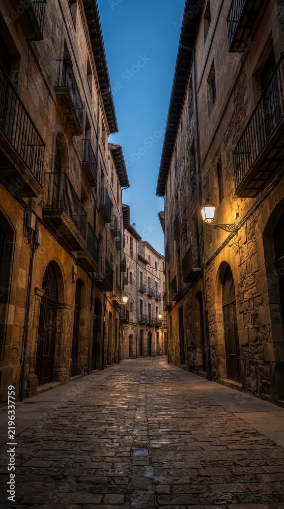 Fototapeta premium Narrow historic alleyway with old stone buildings at dusk