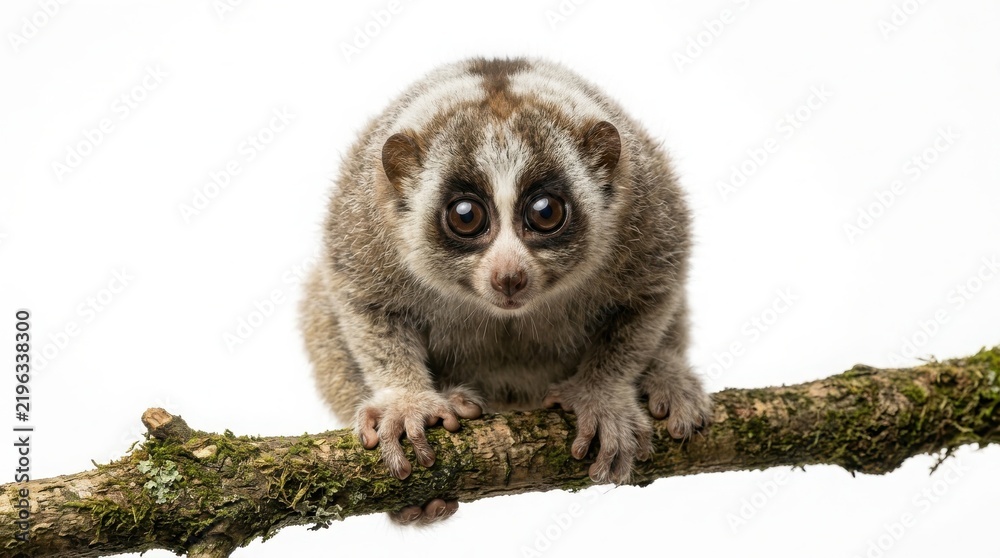 Obraz premium Slow loris hanging on a tree branch isolated on white background with wild animal nocturnal animal exotic pet small mammal furry creature cute animal big eyes animal portrait brown fur