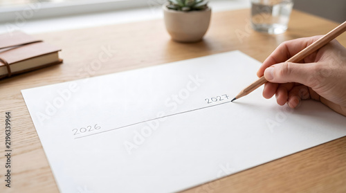 Hand Drawing a 2026 to 2027 Timeline on Blank Paper at a Wooden Desk