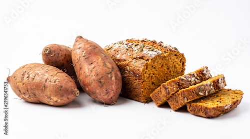 Sweet potatoes and sliced ​​sweet potato bread isolated on a white background
