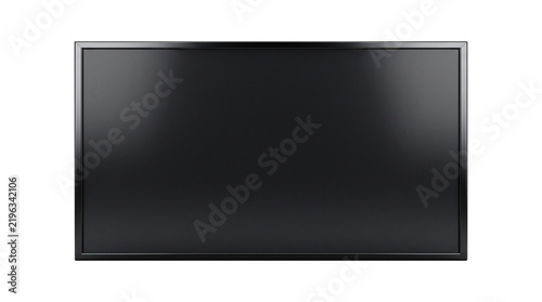 Modern flat screen television monitor with blank black display isolated on white background for mockup and digital design presentation