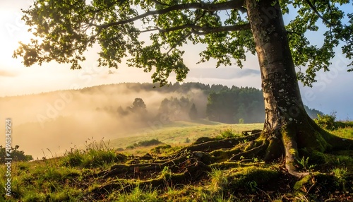 Beautiful foggy valley view under a sunlit oak tree during a peaceful morning in the countryside