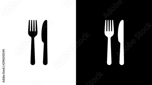 Fork and knife cutlery icon in black and white styles with dining room silverware restaurant utensils tableware
