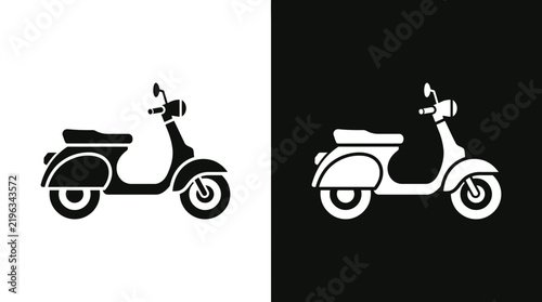 Vintage scooter icon in black and white styles with motorcycle transport transportation silhouette lifestyle