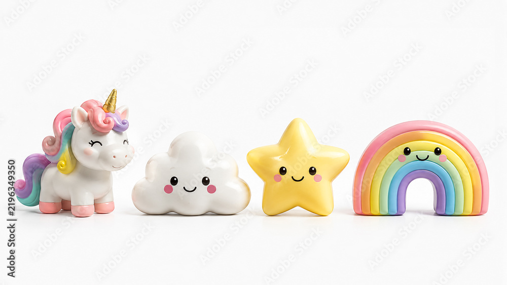 Fototapeta premium Cute toy figurines of unicorn cloud star and rainbow in a row on white background.