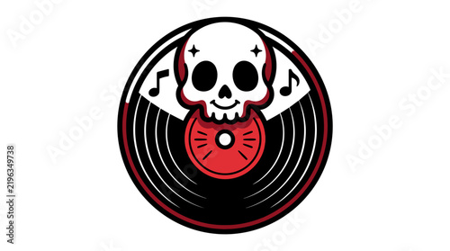 Music logo with skull on vinyl record.