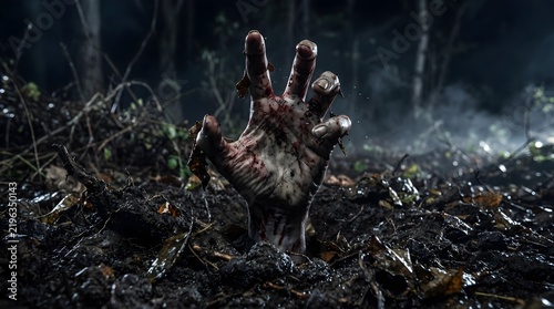 Scary zombie hand rising from the dirt grave in a dark forest at night