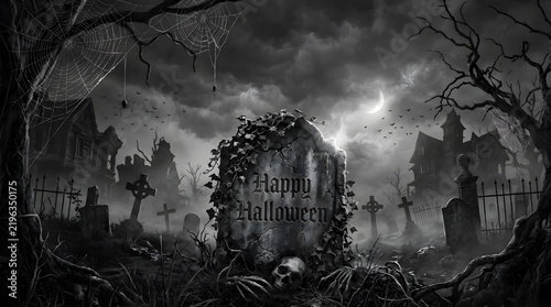 Happy halloween greeting on a tombstone in a dark misty graveyard at night
