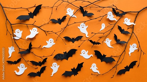 Handmade paper ghosts and bats on bare tree branches with halloween