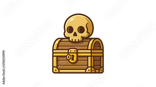 Small skull sitting on top of wooden treasure chest.