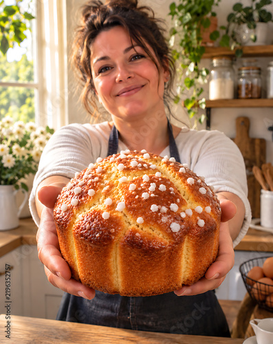 Femme présentant un pastis landais entier devant elle dans une cuisine lumineuse et chaleureuse