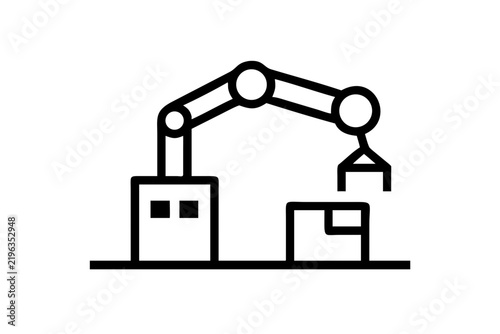 Industrial robotic arm lifting a cardboard box in a minimalist line art style