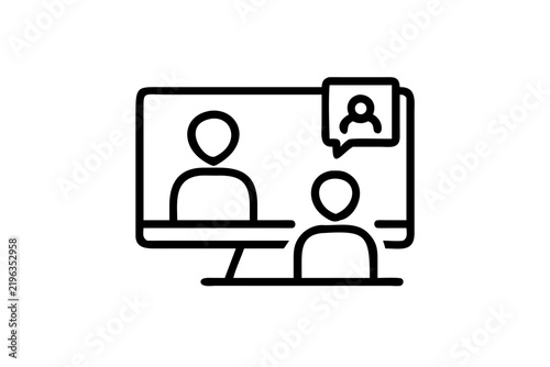 Online video conference icon showing a person on a computer screen in line art