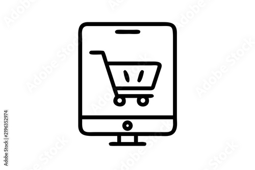 Online shopping cart icon displayed on a computer monitor screen