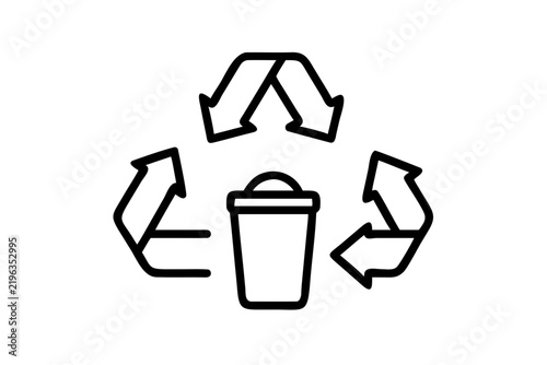 Recycling symbol with a waste bin icon in a minimalist black line art style