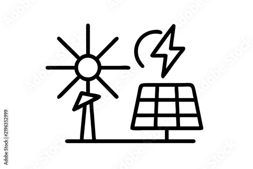 Renewable energy icon featuring a wind turbine and solar panel with electricity