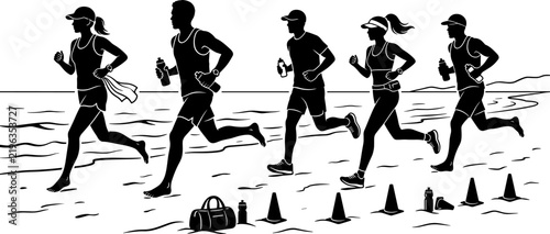 Group of Runners Jogging on Beach Shore Silhouette with Training Cones and Water Bottles   