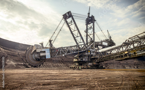 Bucket-wheel excavator mining lignite, or brown coal, in an open-pit mine.