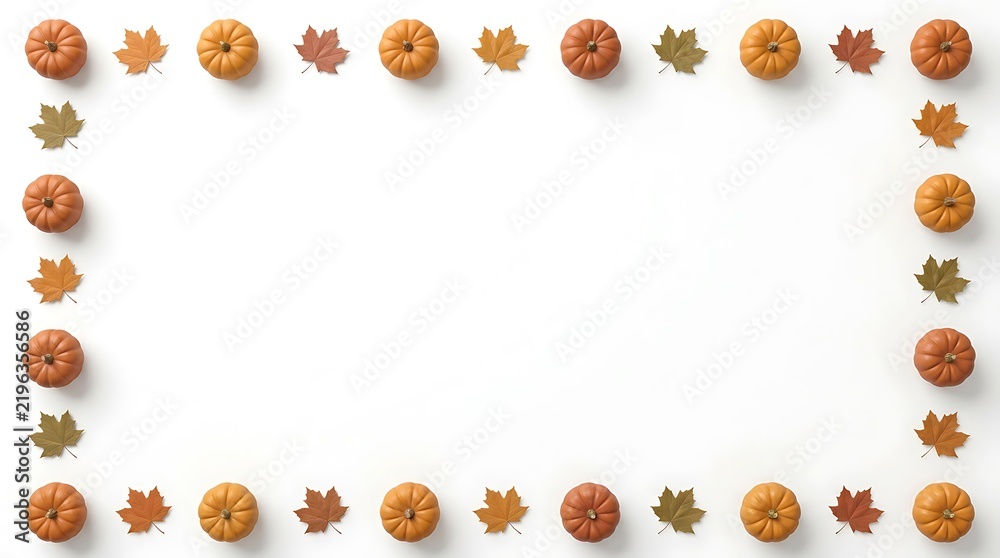 Fototapeta premium Minimalist autumn border made of small pumpkins and dry maple tree leaves