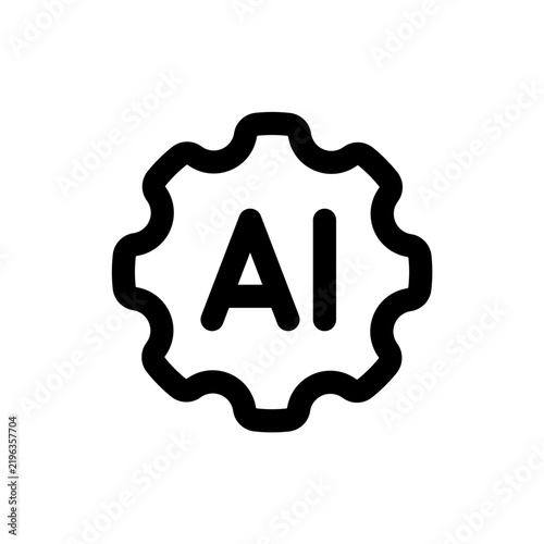 Black AI gear outline icon isolated on white background. Simple line symbol representing artificial intelligence, automation, machine learning, technology and digital systems