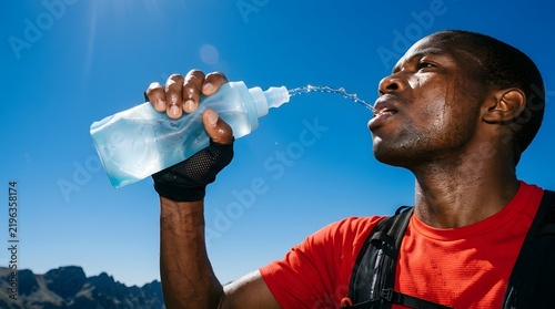 Male athlete drinking stream of water from collapsible soft flask bottle   