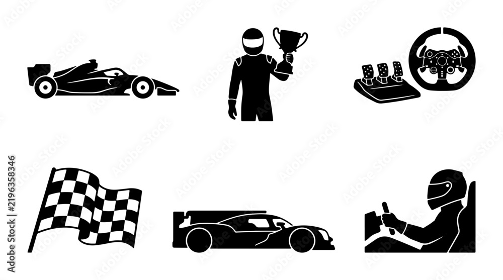Obraz premium Black and white racing icons, formula 1 car, driver, checkered flag