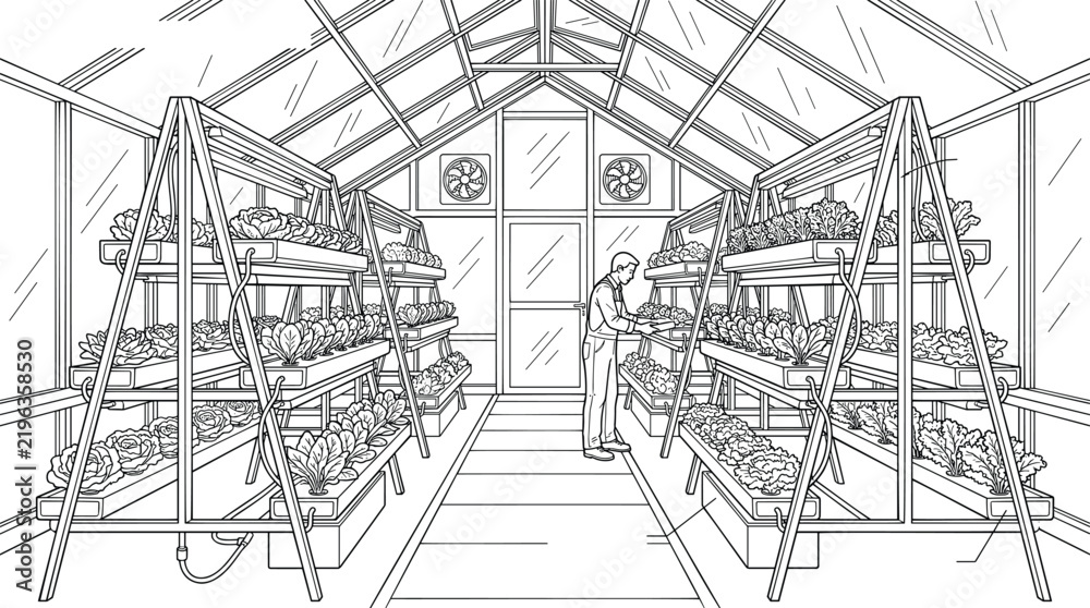 Fototapeta premium Vertical hydroponic greenhouse farming system with fresh greens vector line art.